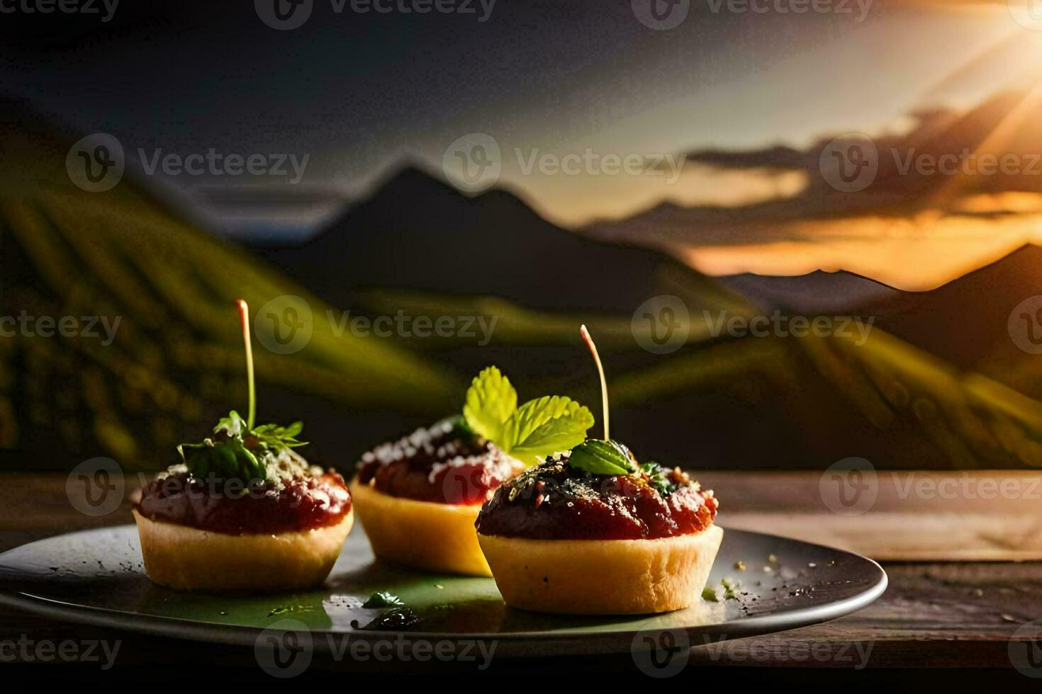 três mini sobremesas em uma prato com montanhas dentro a fundo. gerado por IA foto