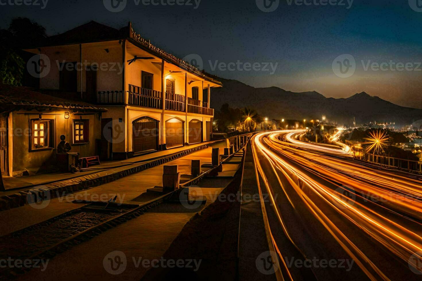 uma grandes exposição foto do uma estrada às noite. gerado por IA