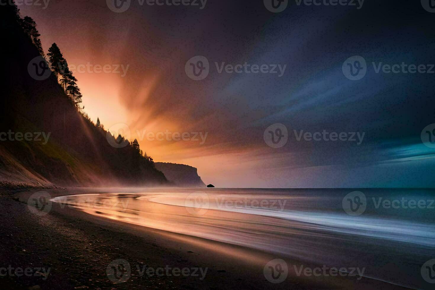 uma grandes exposição fotografia do a oceano às pôr do sol. gerado por IA foto