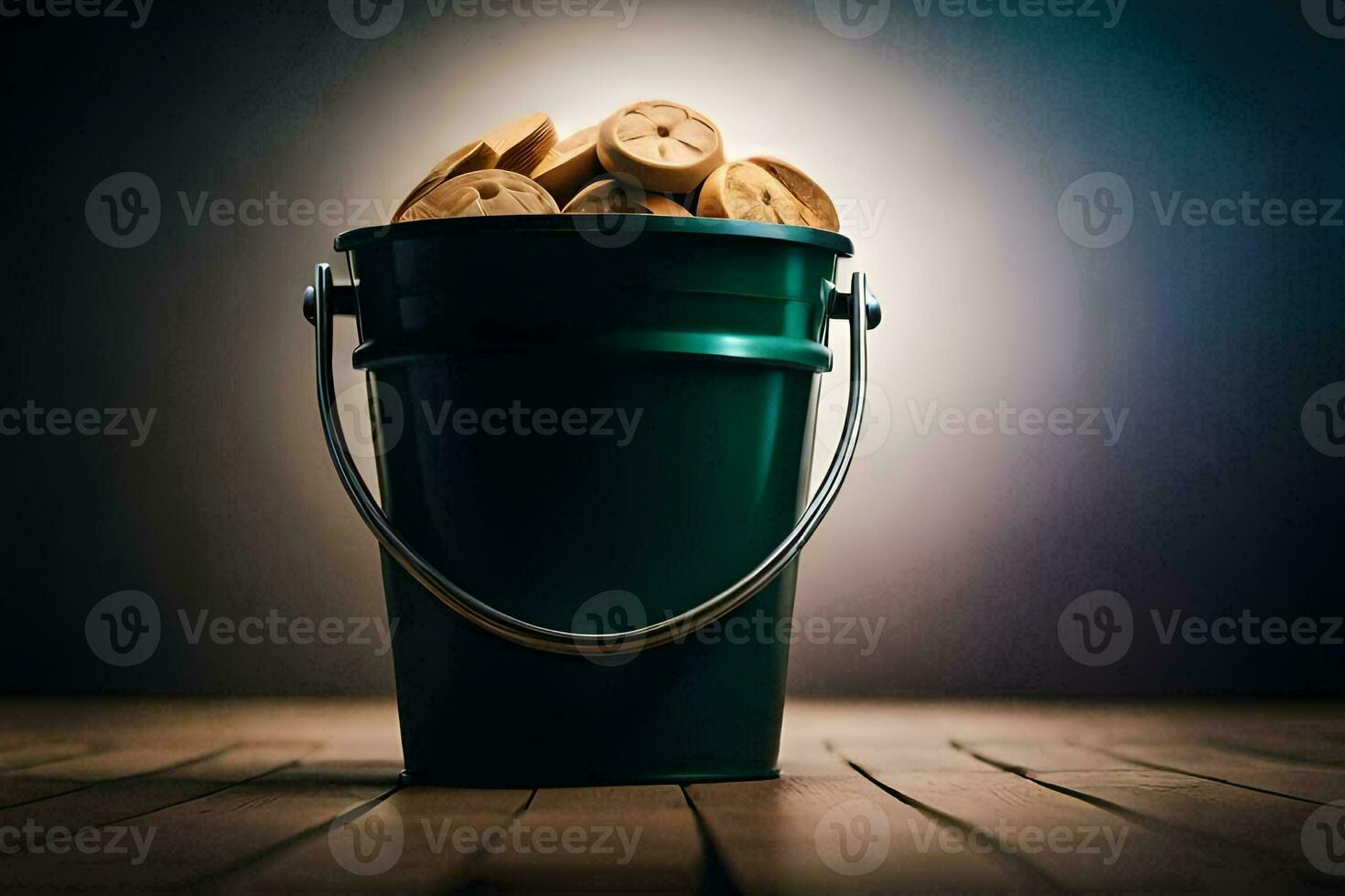 uma balde preenchidas com biscoitos em uma de madeira chão. gerado por IA foto