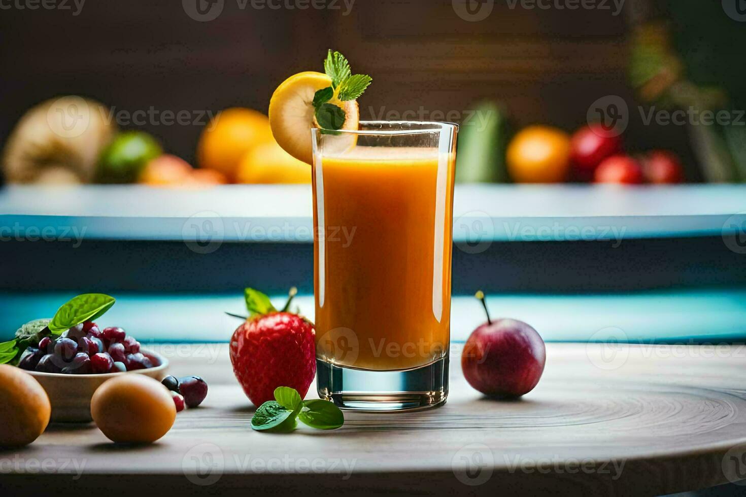 uma vidro do laranja suco com fruta e bagas. gerado por IA foto