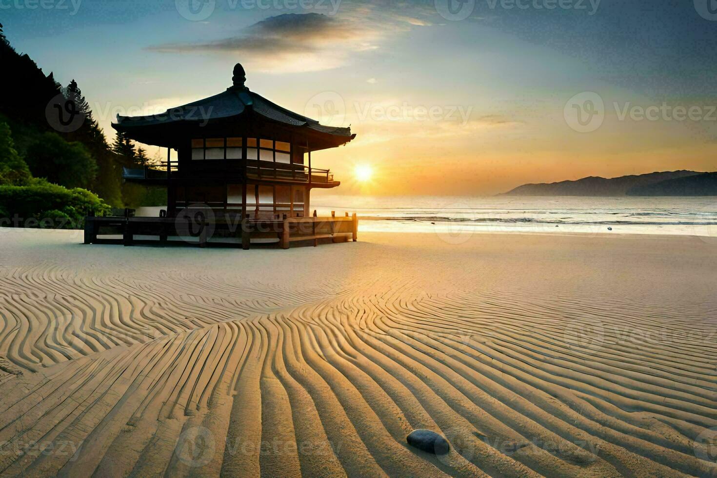 uma pagode senta em a areia às pôr do sol. gerado por IA foto