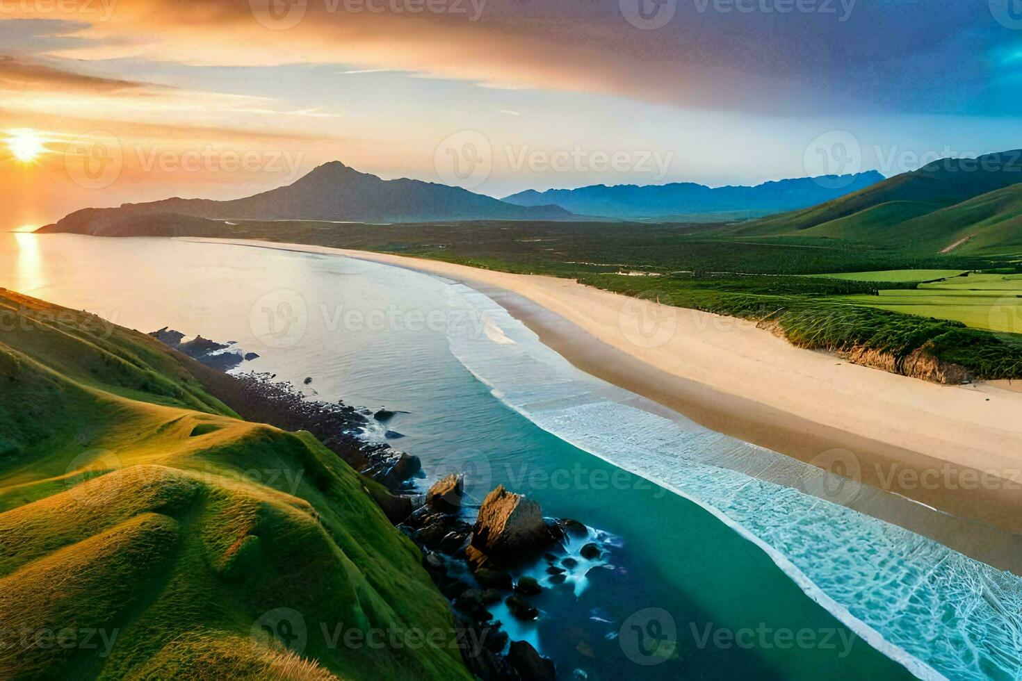 a Sol conjuntos sobre uma de praia e montanhas. gerado por IA foto