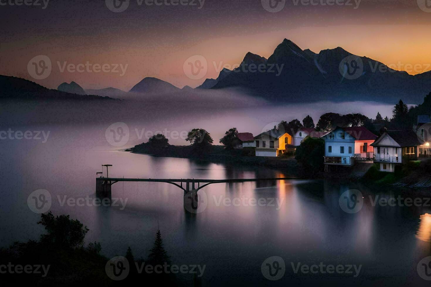 uma lindo pôr do sol sobre uma lago com casas e montanhas. gerado por IA foto