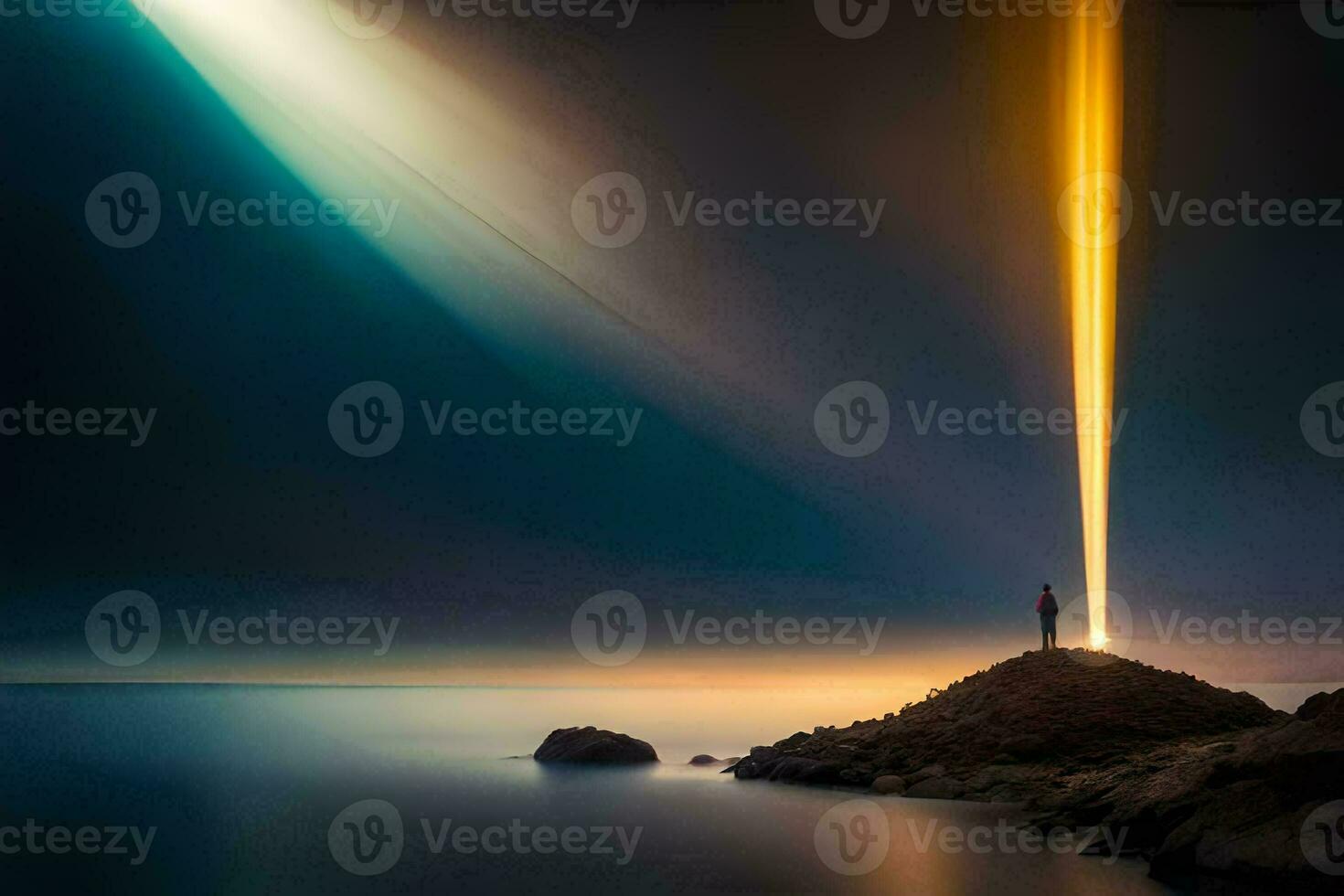 uma homem em pé em uma Rocha com uma viga do luz chegando a partir de a céu. gerado por IA foto