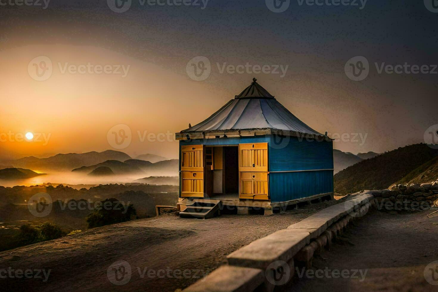uma pequeno cabana senta em topo do uma Colina às pôr do sol. gerado por IA foto