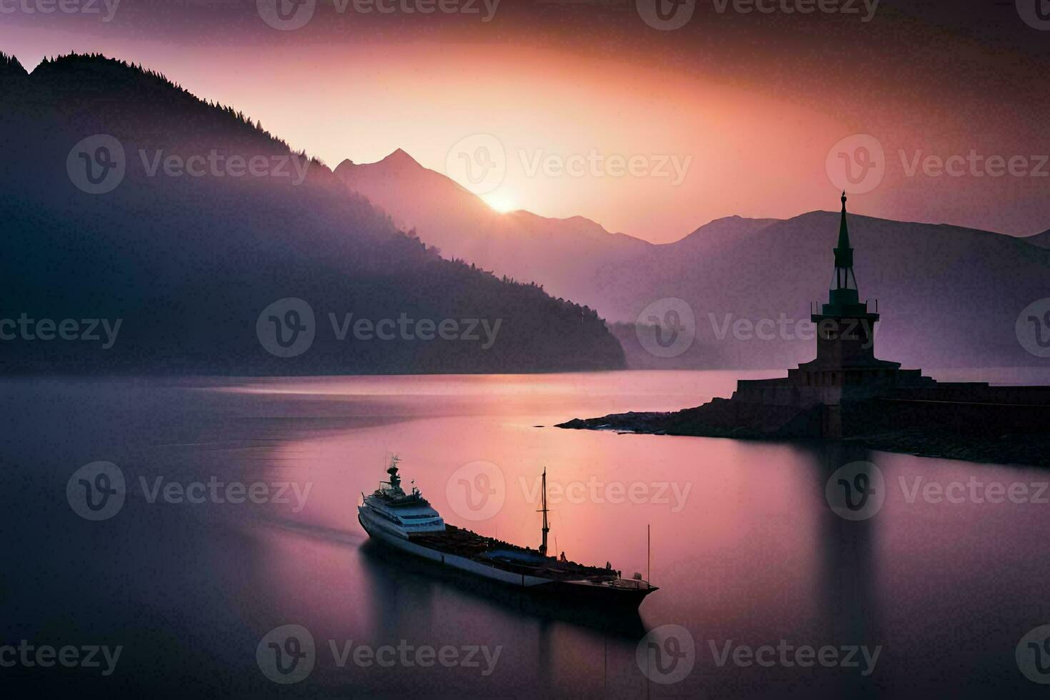 uma barco é Navegando dentro a água perto uma montanha. gerado por IA foto