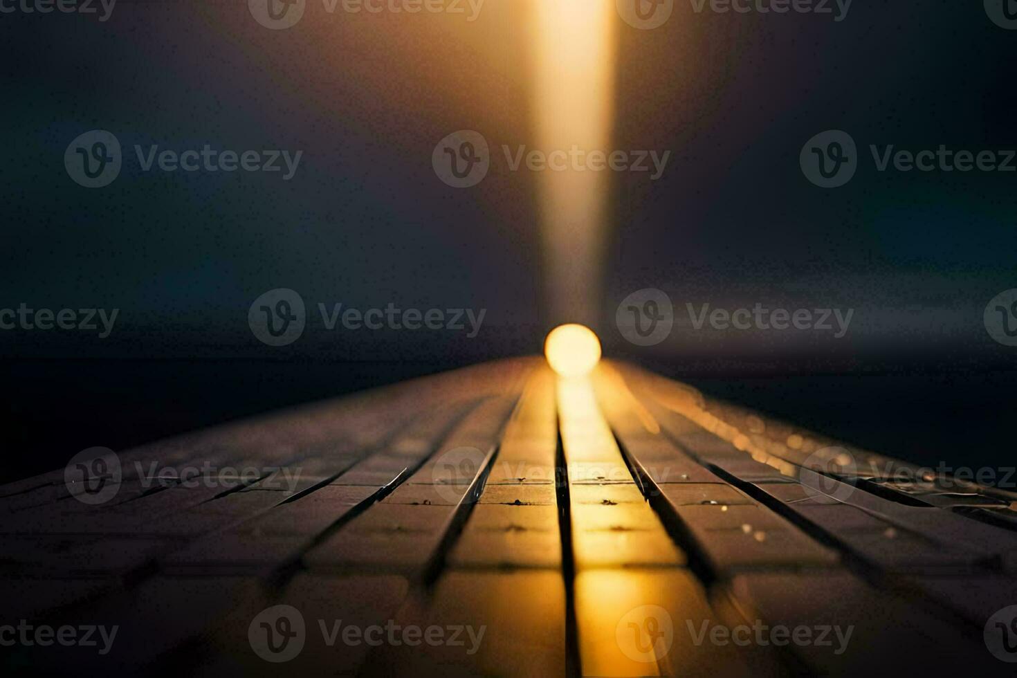 uma grandes exposição fotografia do uma luz brilhando em uma de madeira borda. gerado por IA foto
