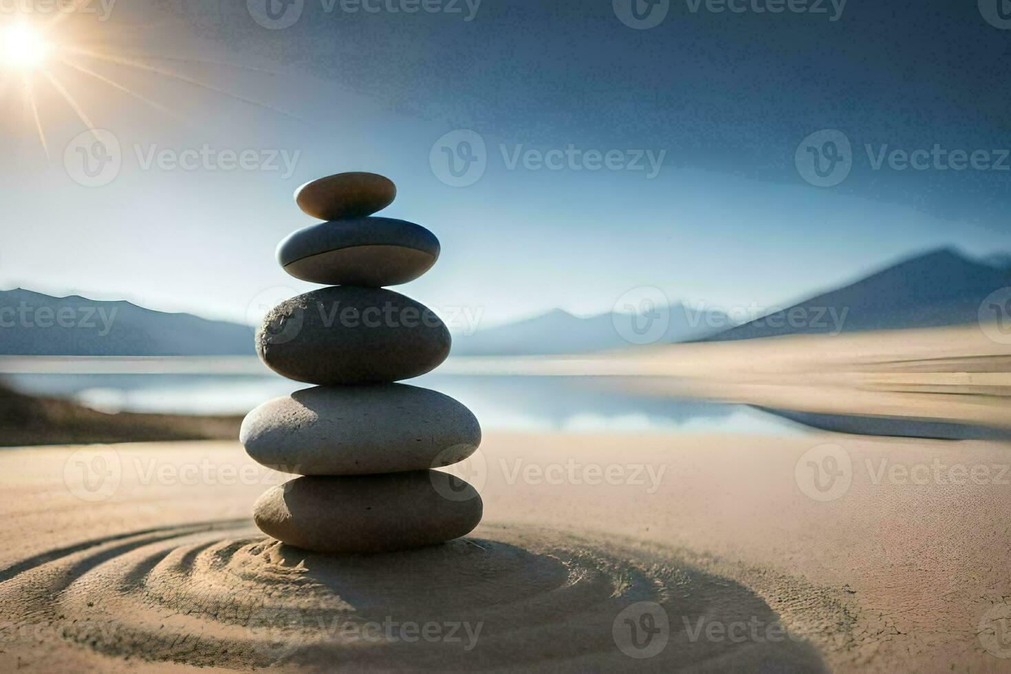 empilhado pedras em a de praia com a Sol brilhando. gerado por IA foto