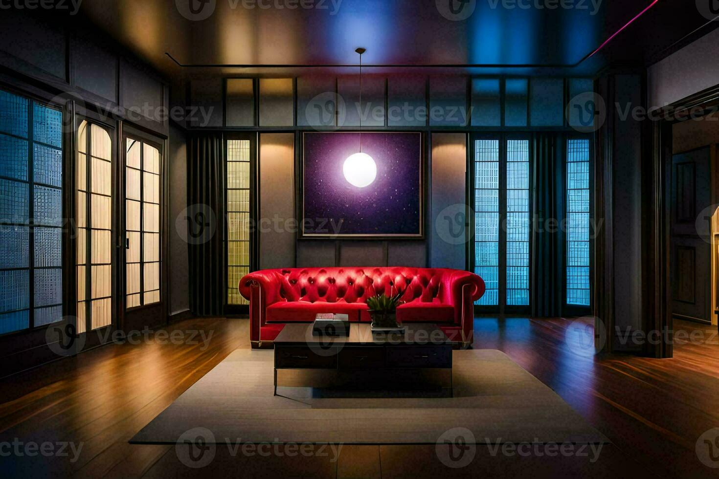 uma vivo quarto com uma vermelho sofá e uma café mesa. gerado por IA foto
