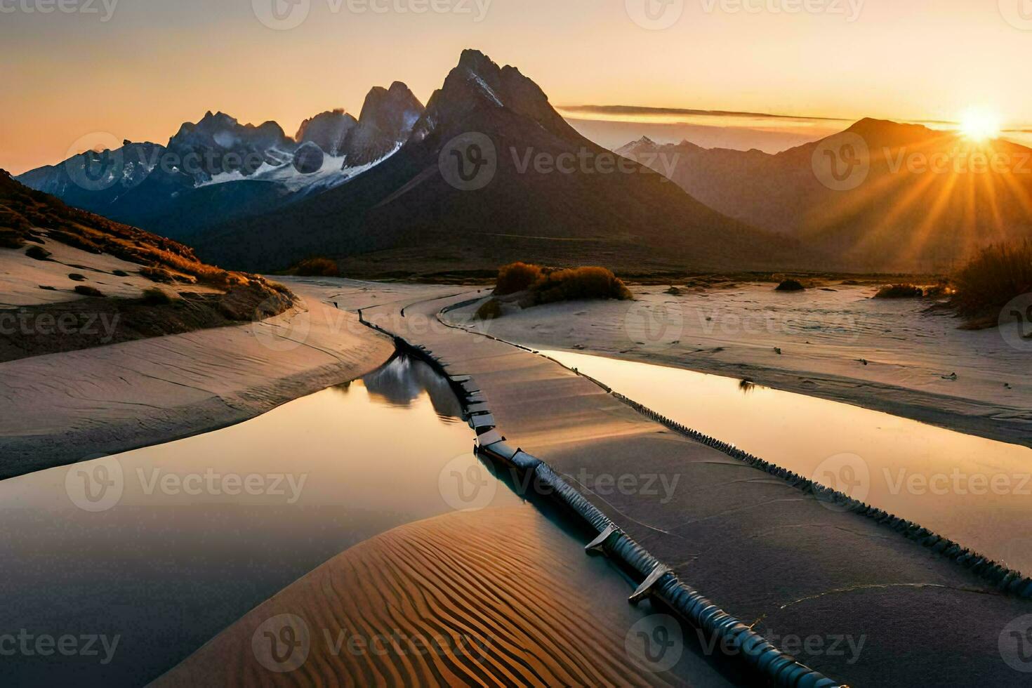 a Sol sobe sobre a montanhas e a água é refletindo dentro a areia. gerado por IA foto