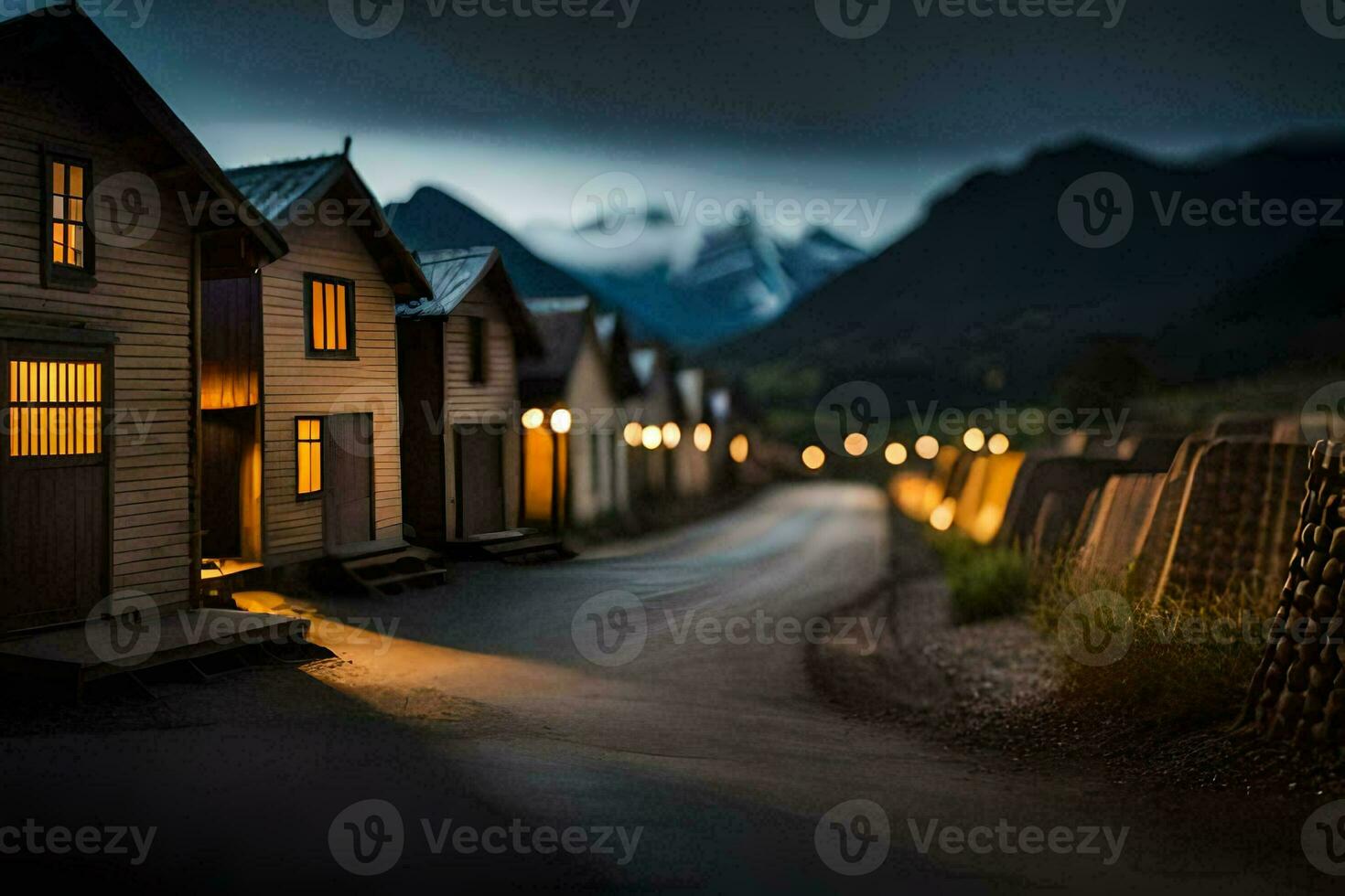 uma linha do de madeira casas dentro a Sombrio com luzes sobre. gerado por IA foto