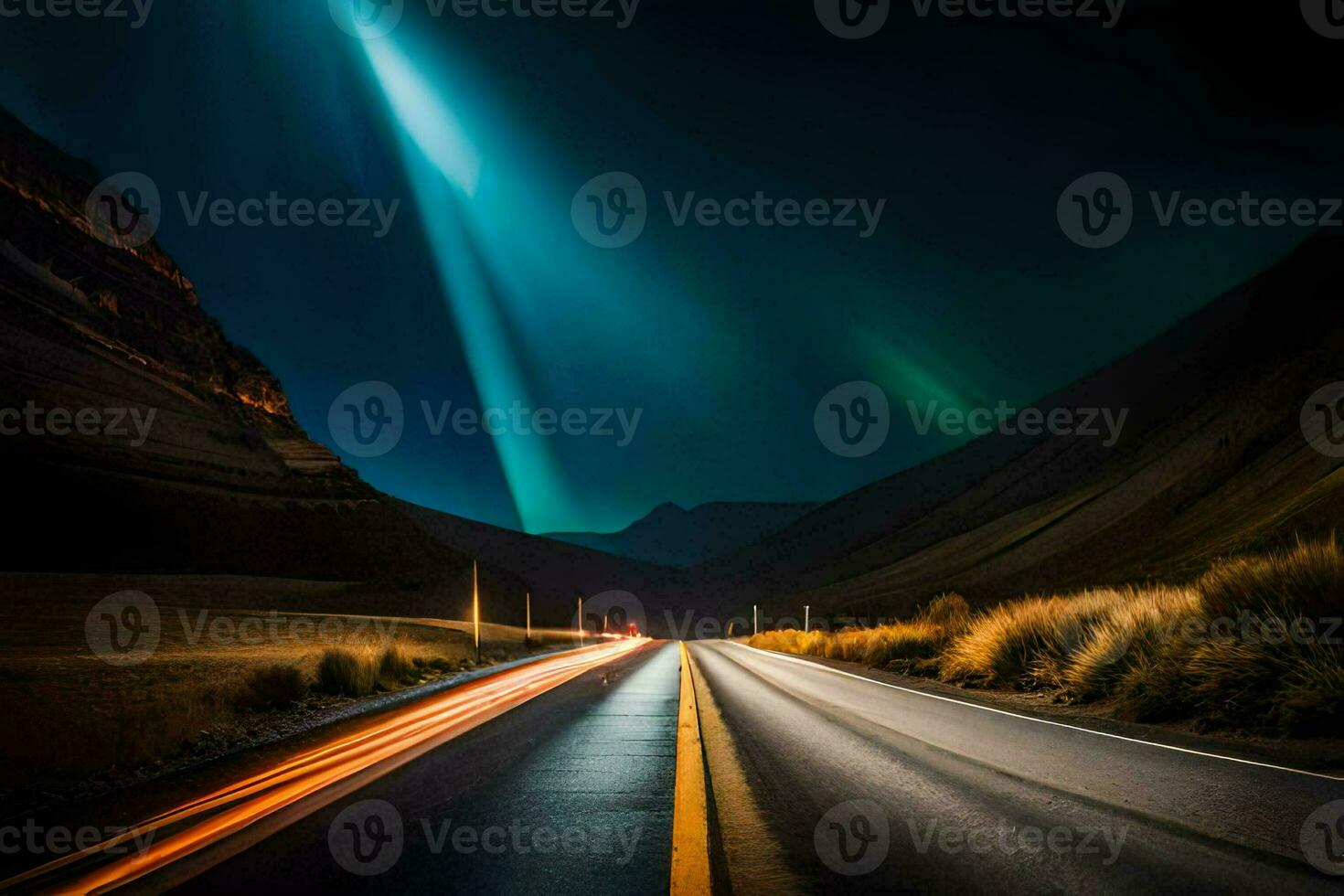 uma grandes exposição foto do uma estrada às noite com uma brilhante luz brilhando abaixo. gerado por IA