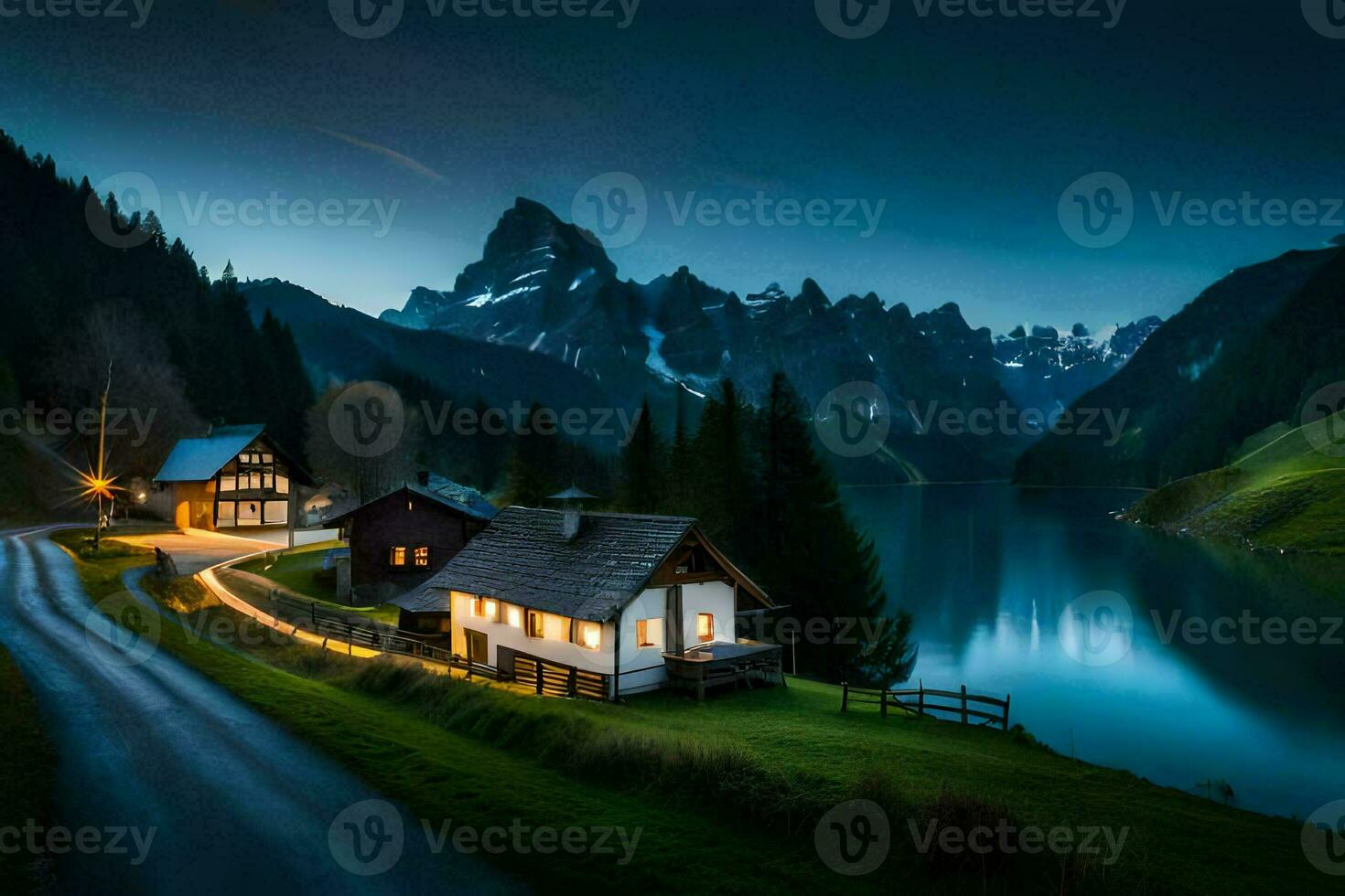 foto papel de parede montanhas, a noite, lago, casa, a estrada, a montanhas, a estrada. gerado por IA