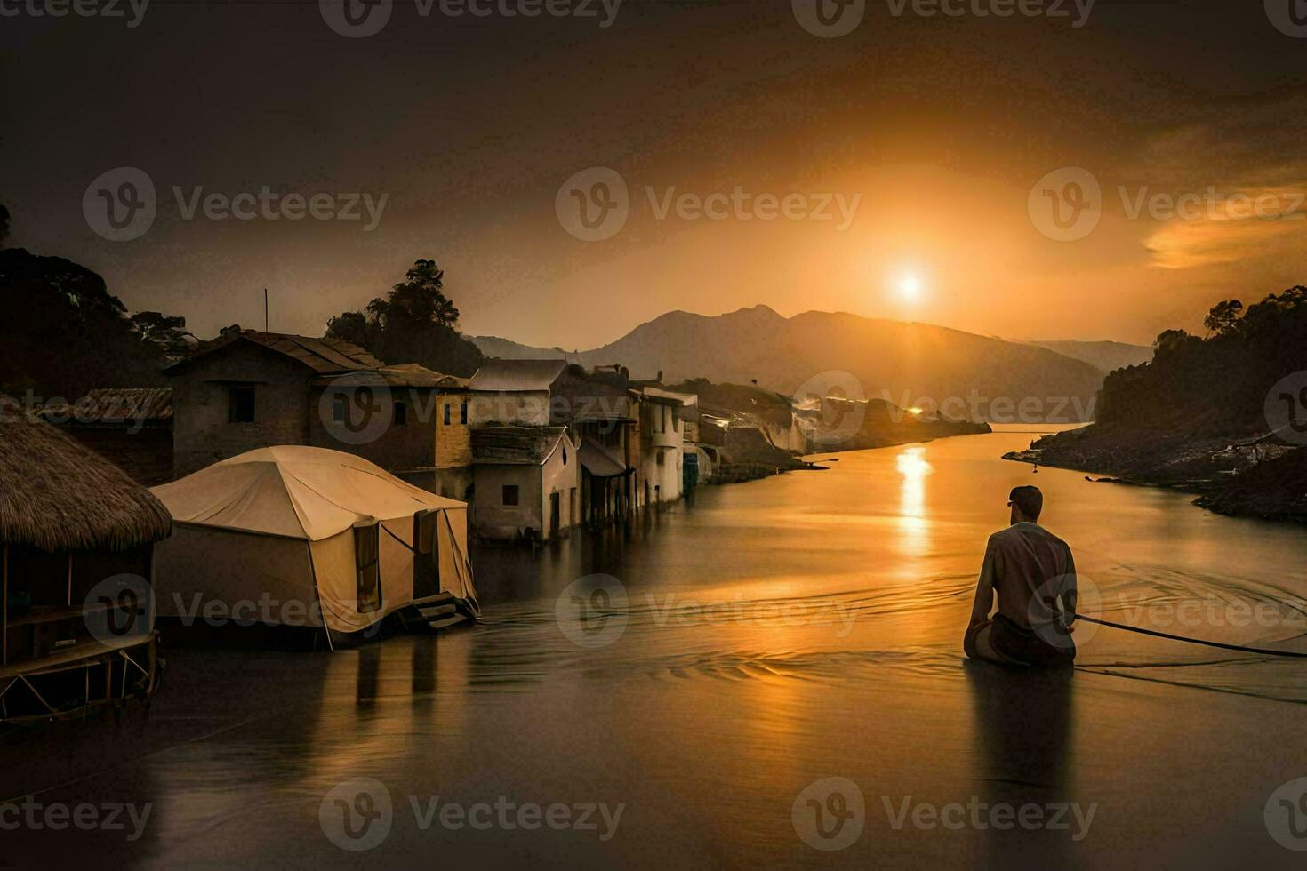 uma homem carrinhos em a costa do uma rio às pôr do sol. gerado por IA foto
