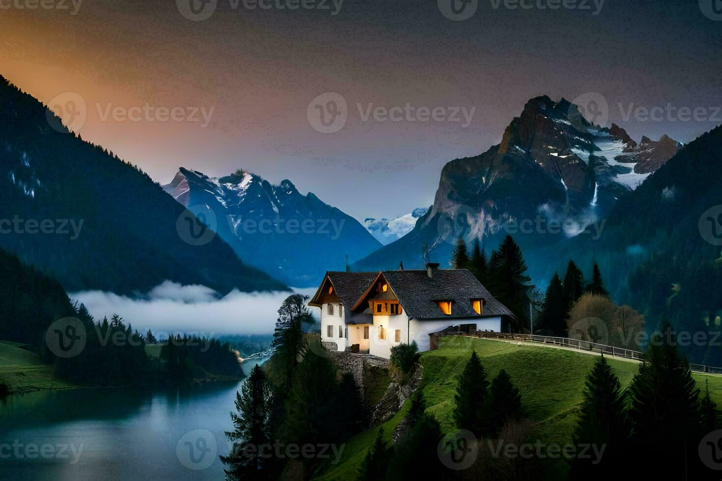 a casa dentro a montanhas. gerado por IA foto
