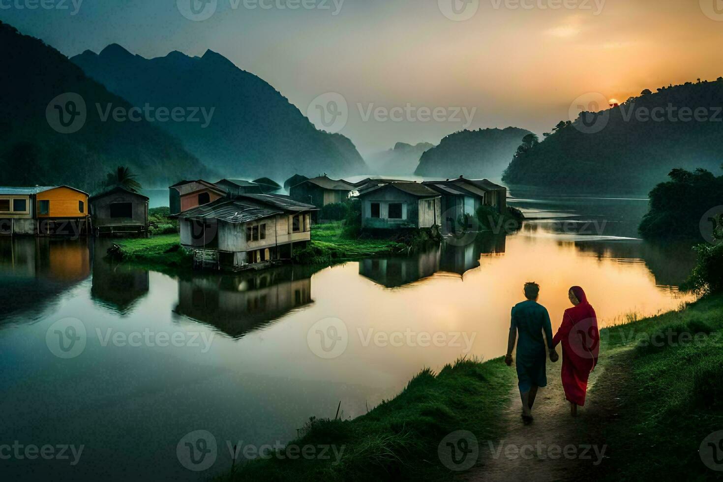 dois pessoas caminhando ao longo a rio dentro frente do casas. gerado por IA foto