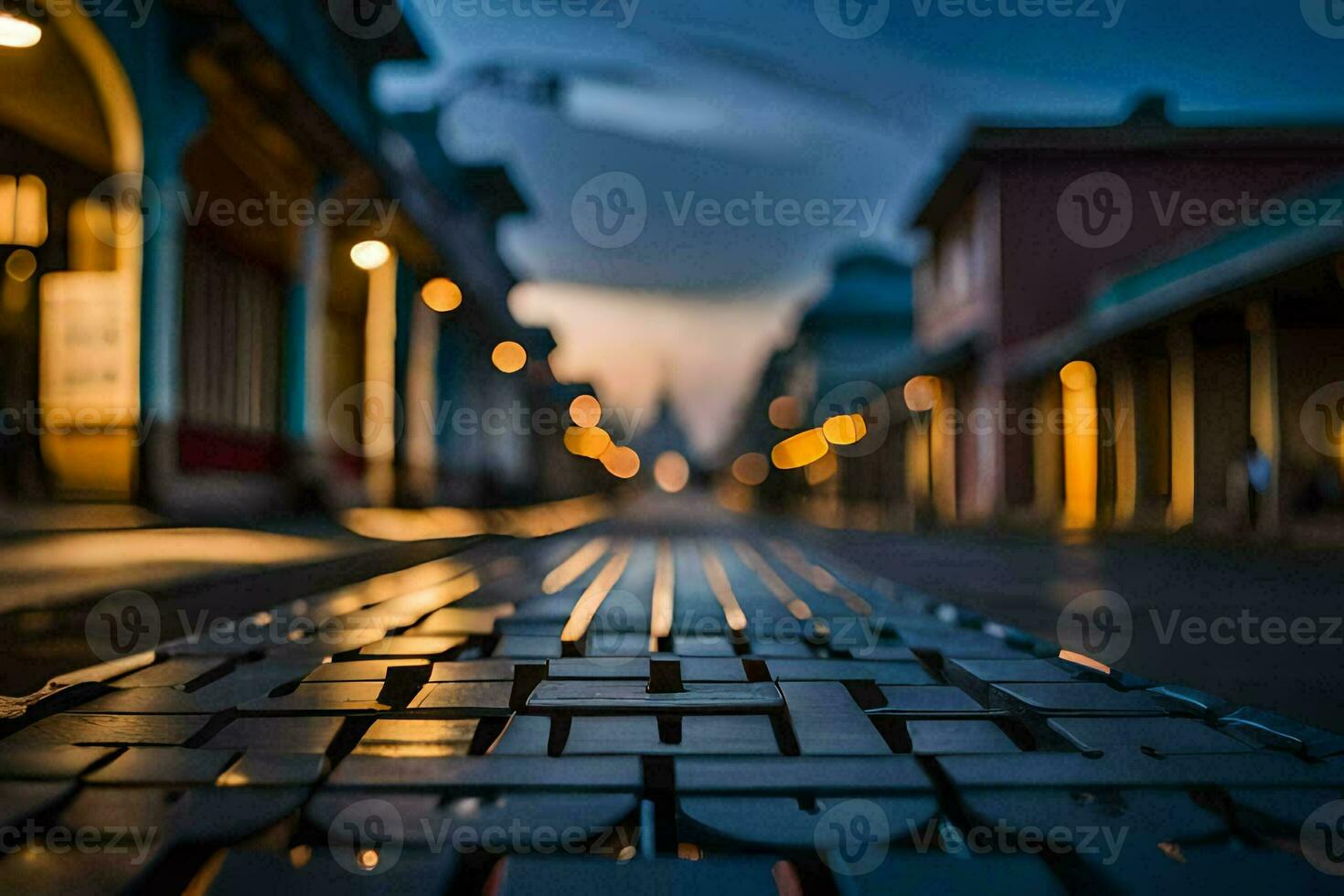 uma rua dentro a tarde com luzes sobre. gerado por IA foto