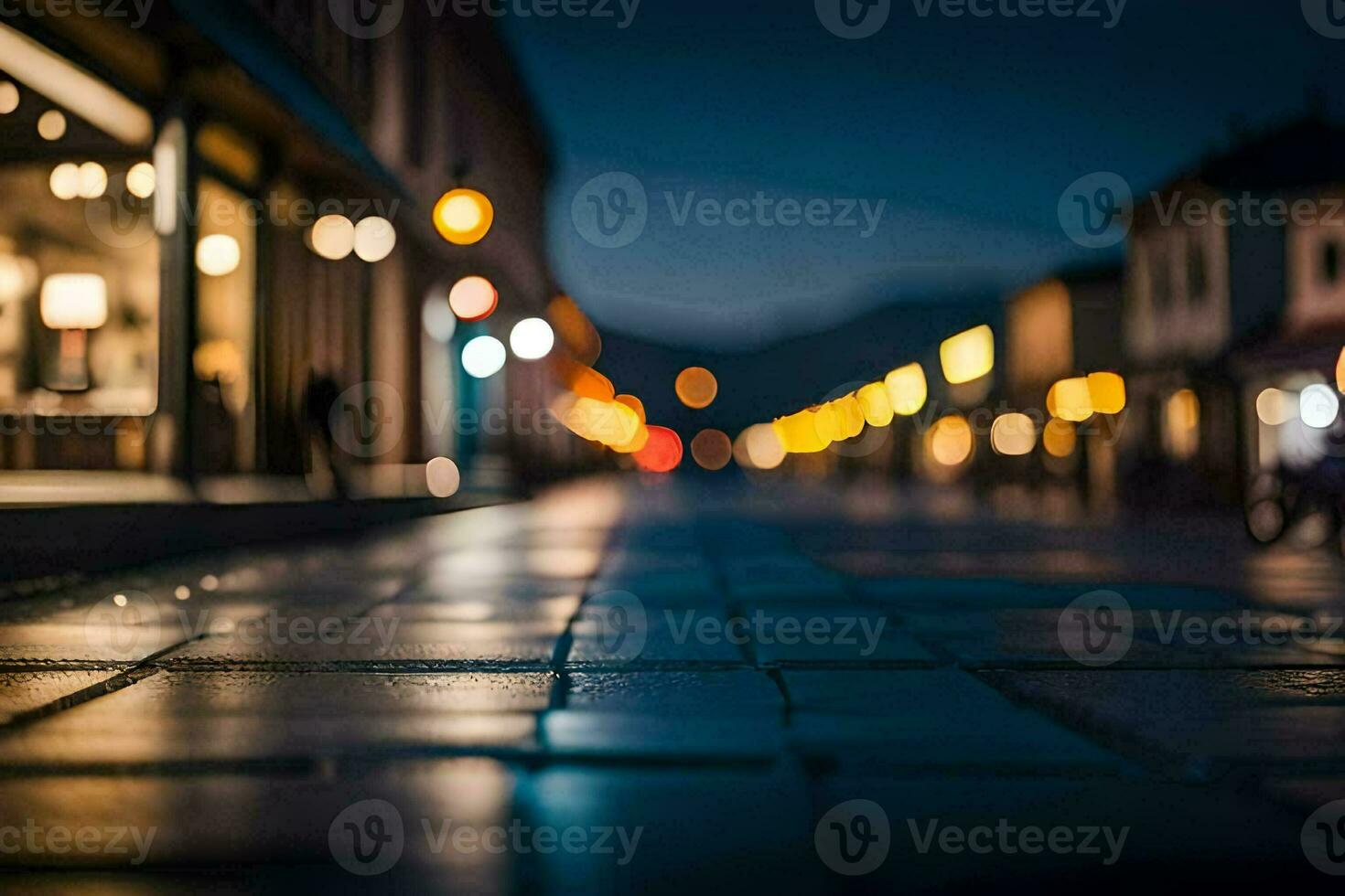 borrado rua às noite com luzes em edifícios. gerado por IA foto