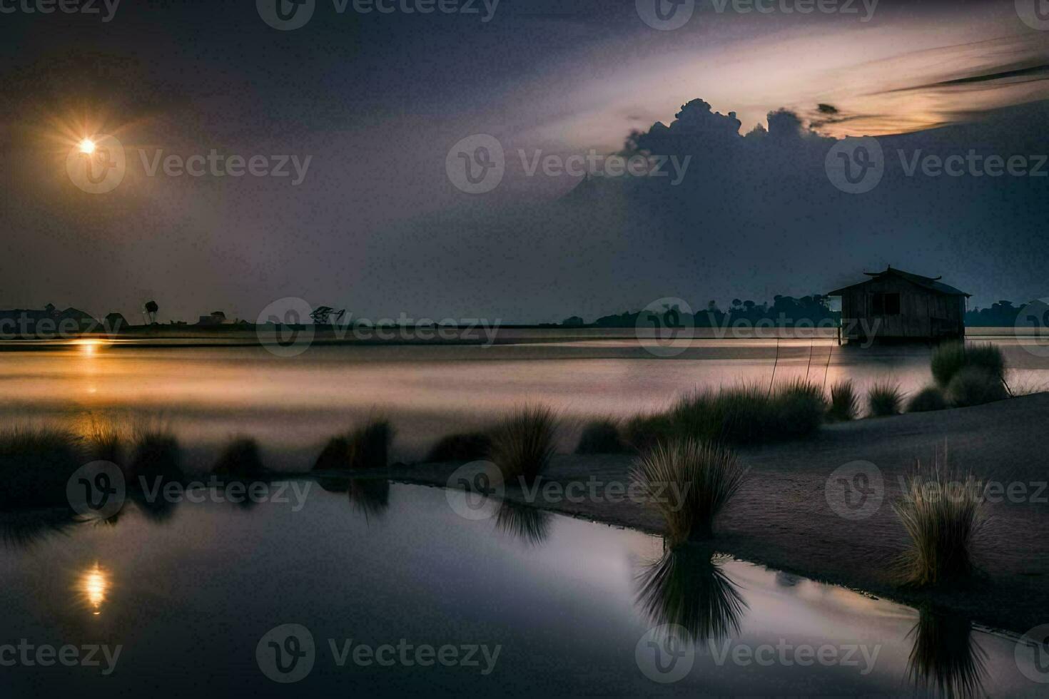 uma pequeno casa senta em a costa do uma lago às noite. gerado por IA foto