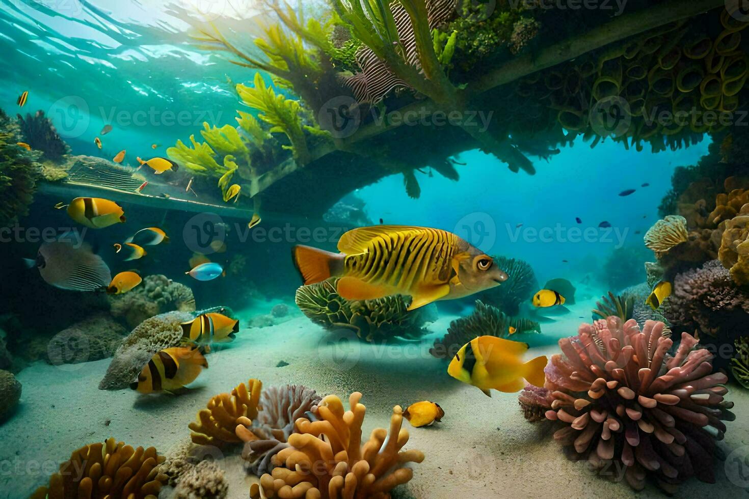 a embaixo da agua cena com coral e peixe. gerado por IA foto