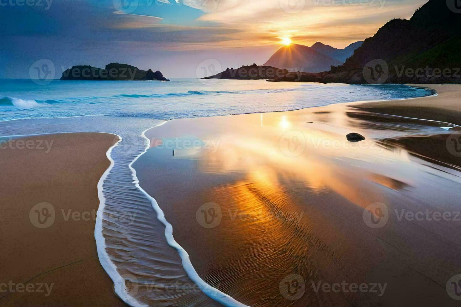 a Sol conjuntos sobre a oceano e ondas em uma de praia. gerado por IA foto