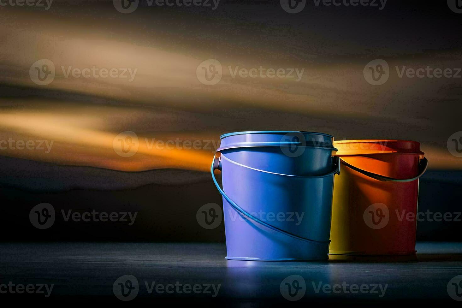 dois colorida baldes sentar em uma mesa com uma pôr do sol dentro a fundo. gerado por IA foto