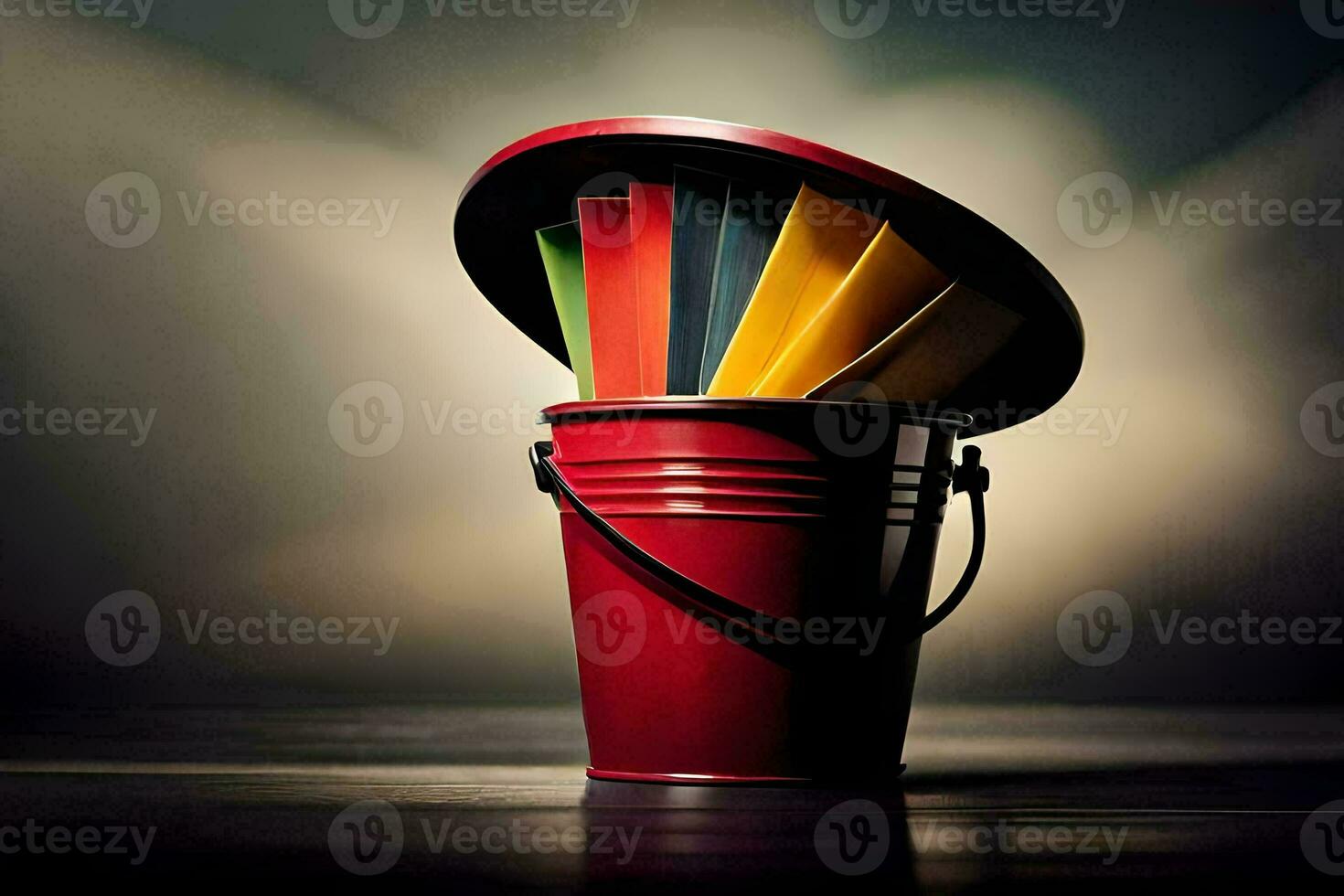 uma vermelho balde preenchidas com colorida papel. gerado por IA foto