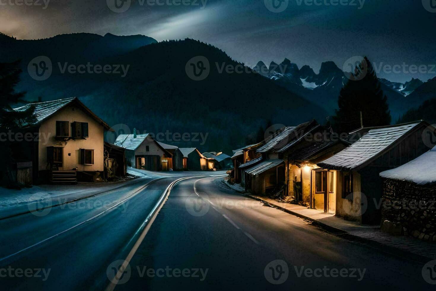 uma rua dentro a montanhas às noite. gerado por IA foto