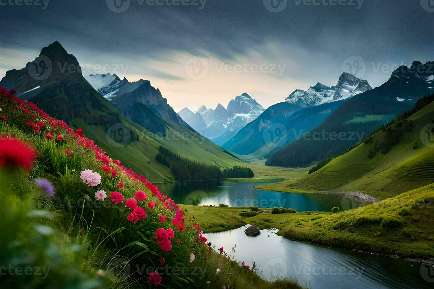 a flores estão florescendo dentro a montanhas. gerado por IA foto