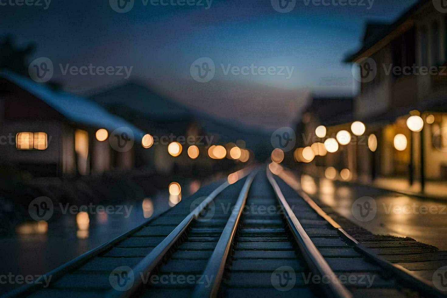 uma grandes trem rastrear com luzes em isto às noite. gerado por IA foto