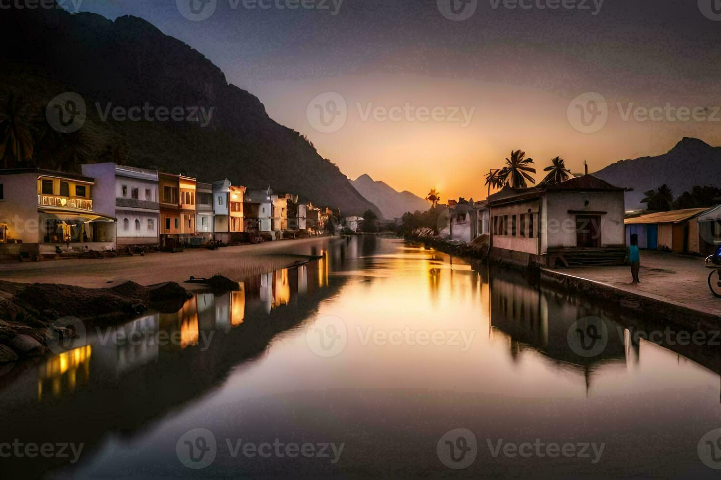 uma rio dentro a meio do uma Cidade às pôr do sol. gerado por IA foto
