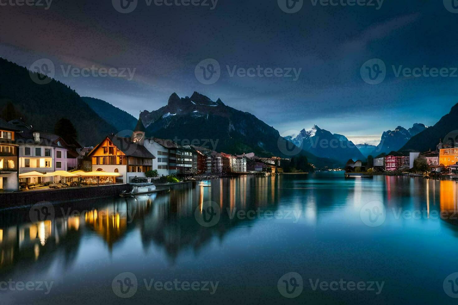 a Cidade do Altenburg dentro a Alpes às noite. gerado por IA foto