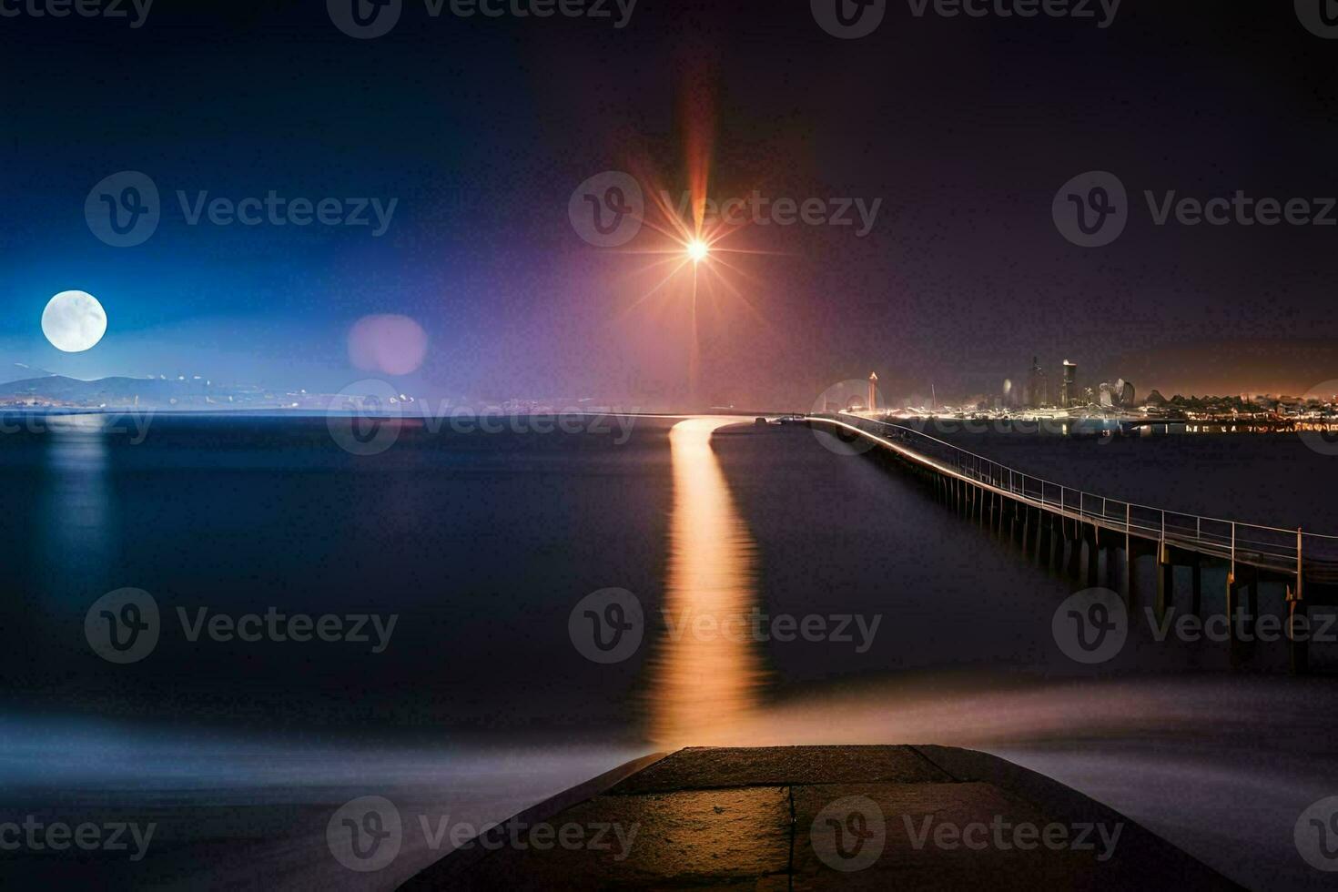 uma cais às noite com uma cheio lua e uma cidade dentro a fundo. gerado por IA foto