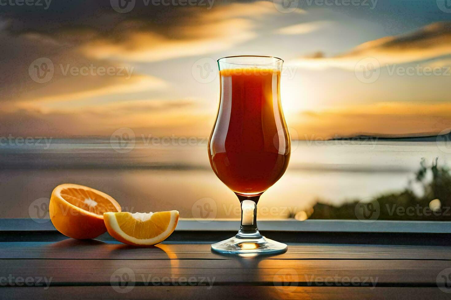 laranja suco dentro uma vidro em uma de madeira mesa. gerado por IA foto