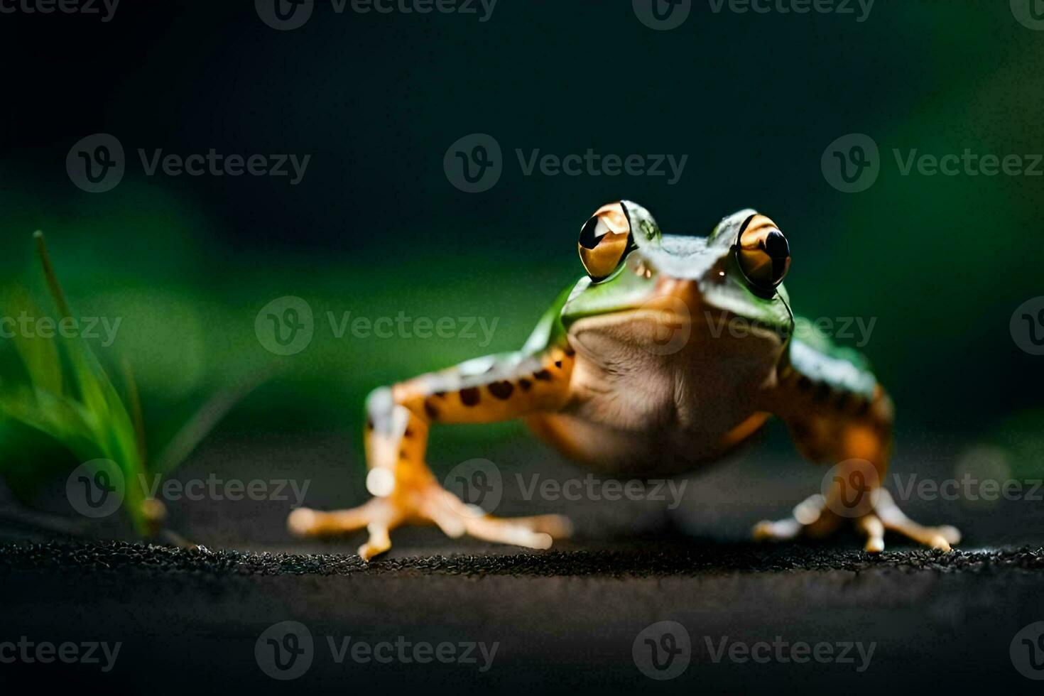 uma rã é sentado em a terra com Está olhos abrir. gerado por IA foto