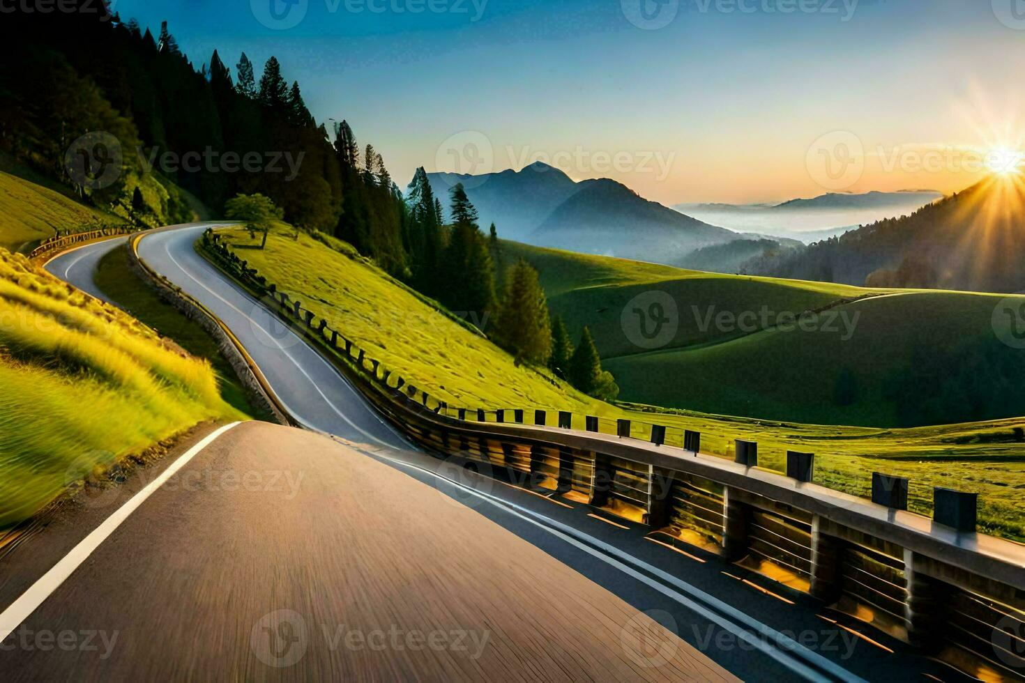 uma enrolamento estrada dentro a montanhas com a Sol contexto. gerado por IA foto