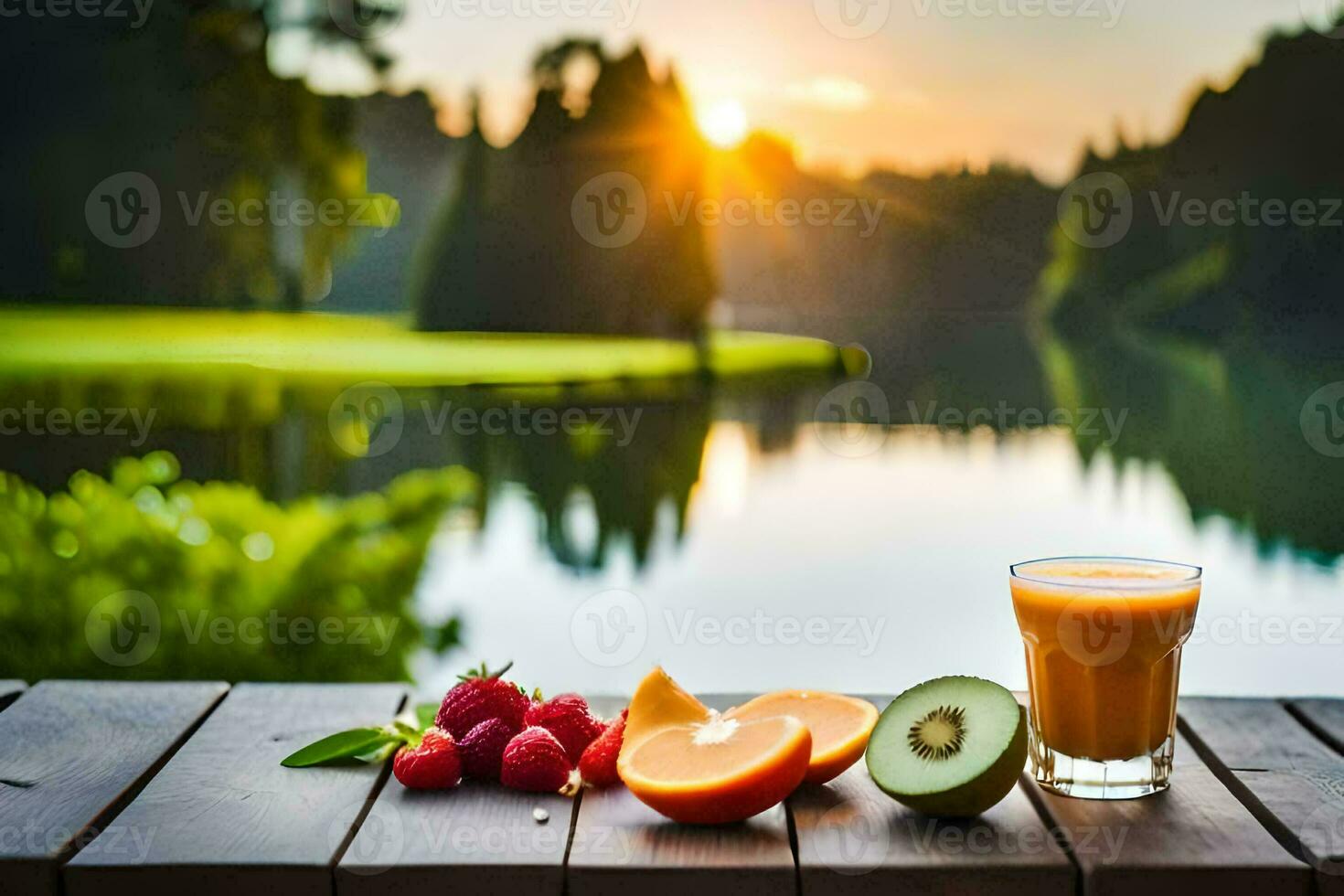 fresco fruta e suco em a mesa dentro a manhã. gerado por IA foto