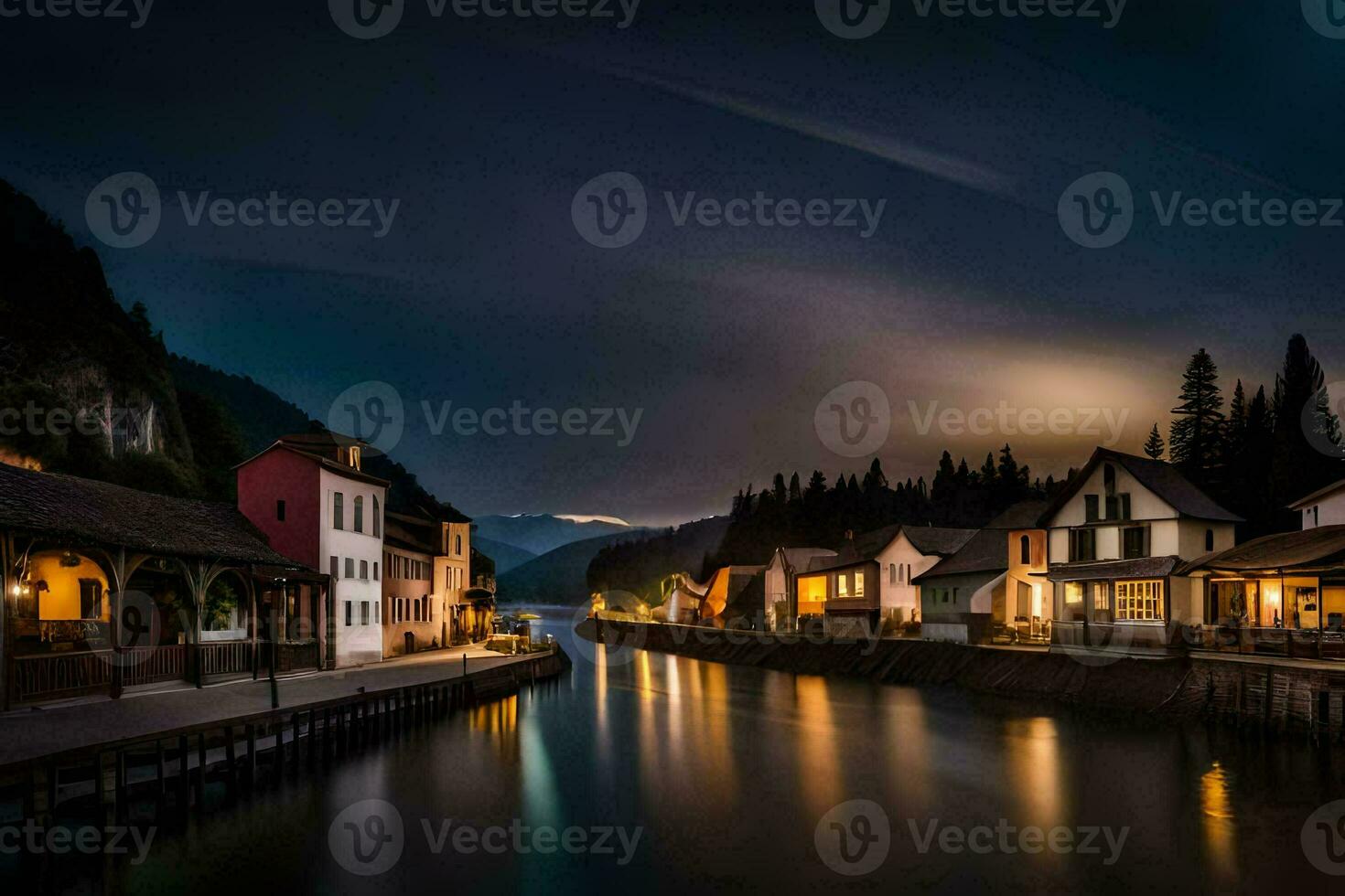 uma rio dentro a meio do uma Cidade às noite. gerado por IA foto