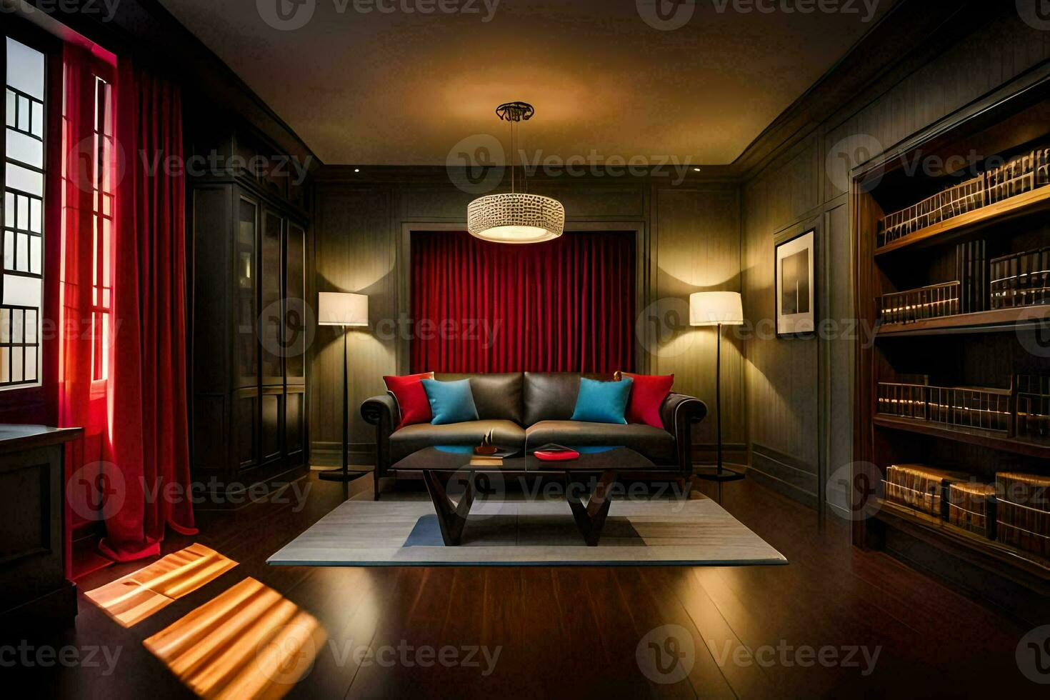 uma vivo quarto com uma sofá, café mesa e estante. gerado por IA foto