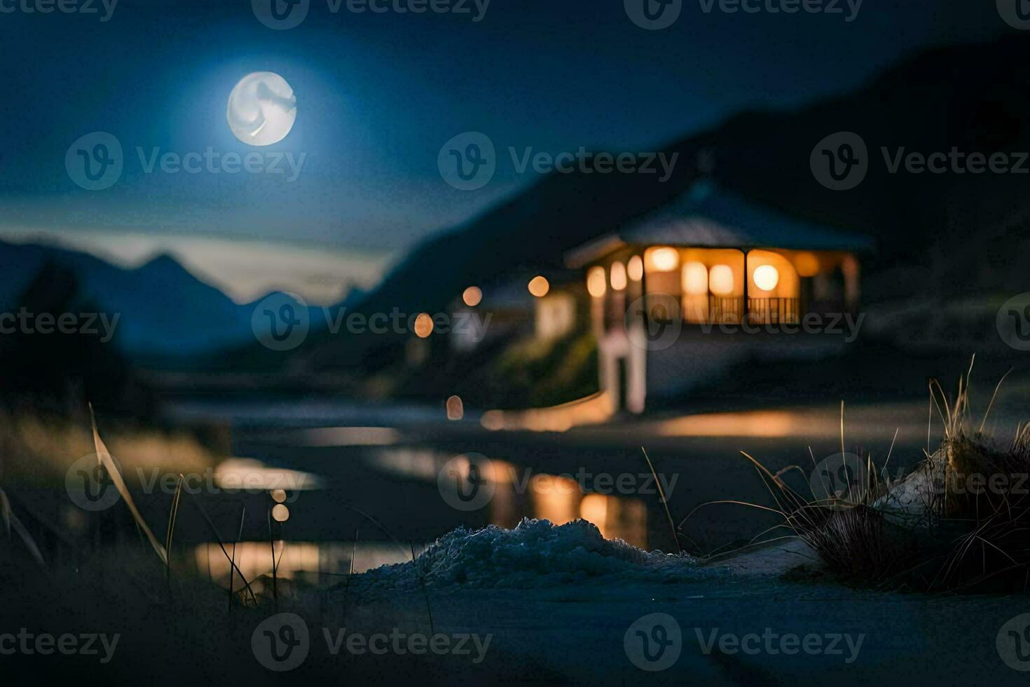 uma enluarada de praia com uma casa e uma luz brilhando dentro a céu. gerado por IA foto