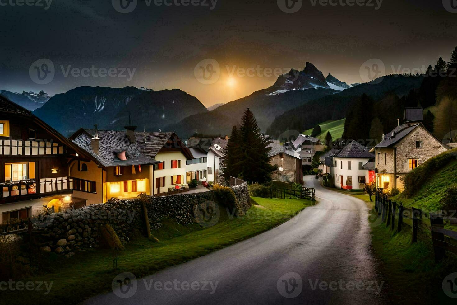 foto papel de parede a céu, montanhas, estrada, casas, a sol, a montanhas, a estrada. gerado por IA