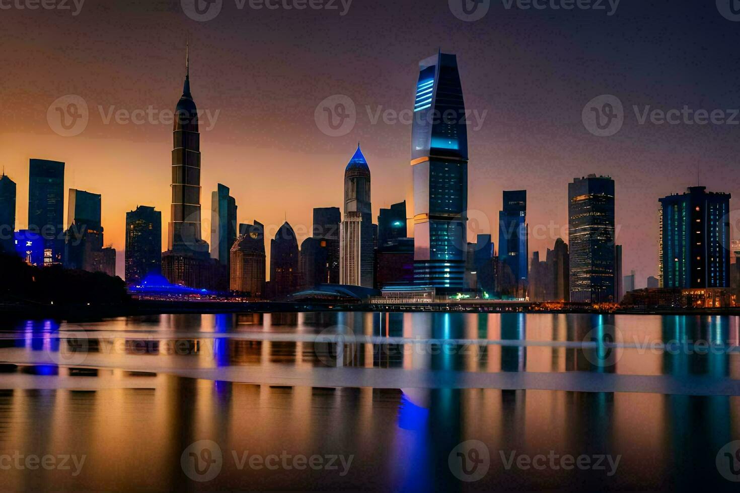 a cidade Horizonte às noite com uma reflexão dentro a água. gerado por IA foto