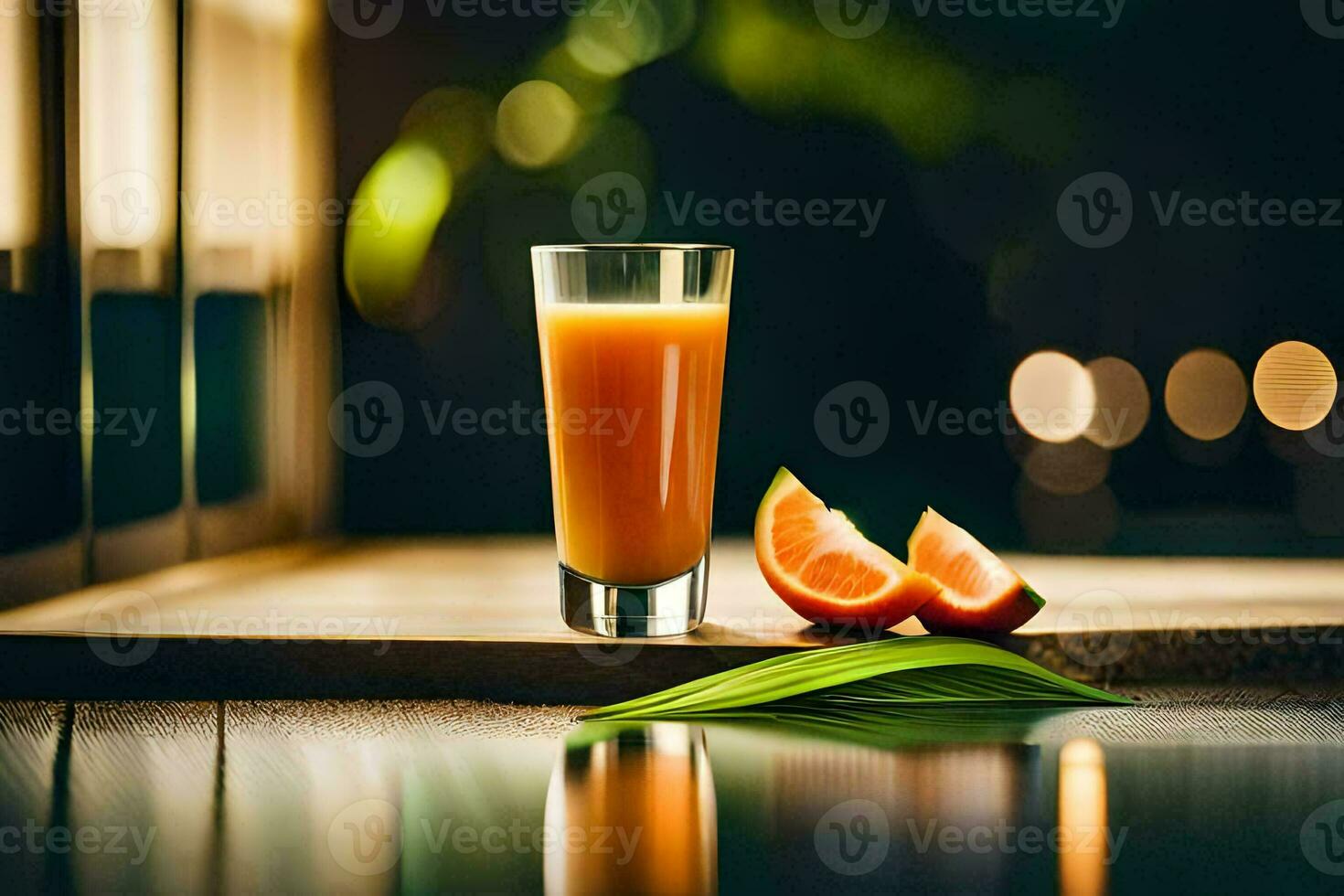 uma vidro do laranja suco com uma fatia do toranja. gerado por IA foto