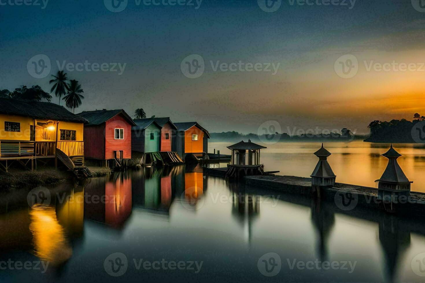 a Sol conjuntos sobre uma lago com colorida casas. gerado por IA foto