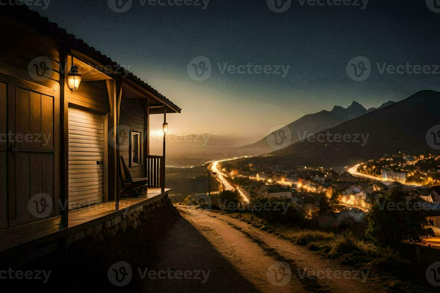 uma casa dentro a montanhas às crepúsculo. gerado por IA foto