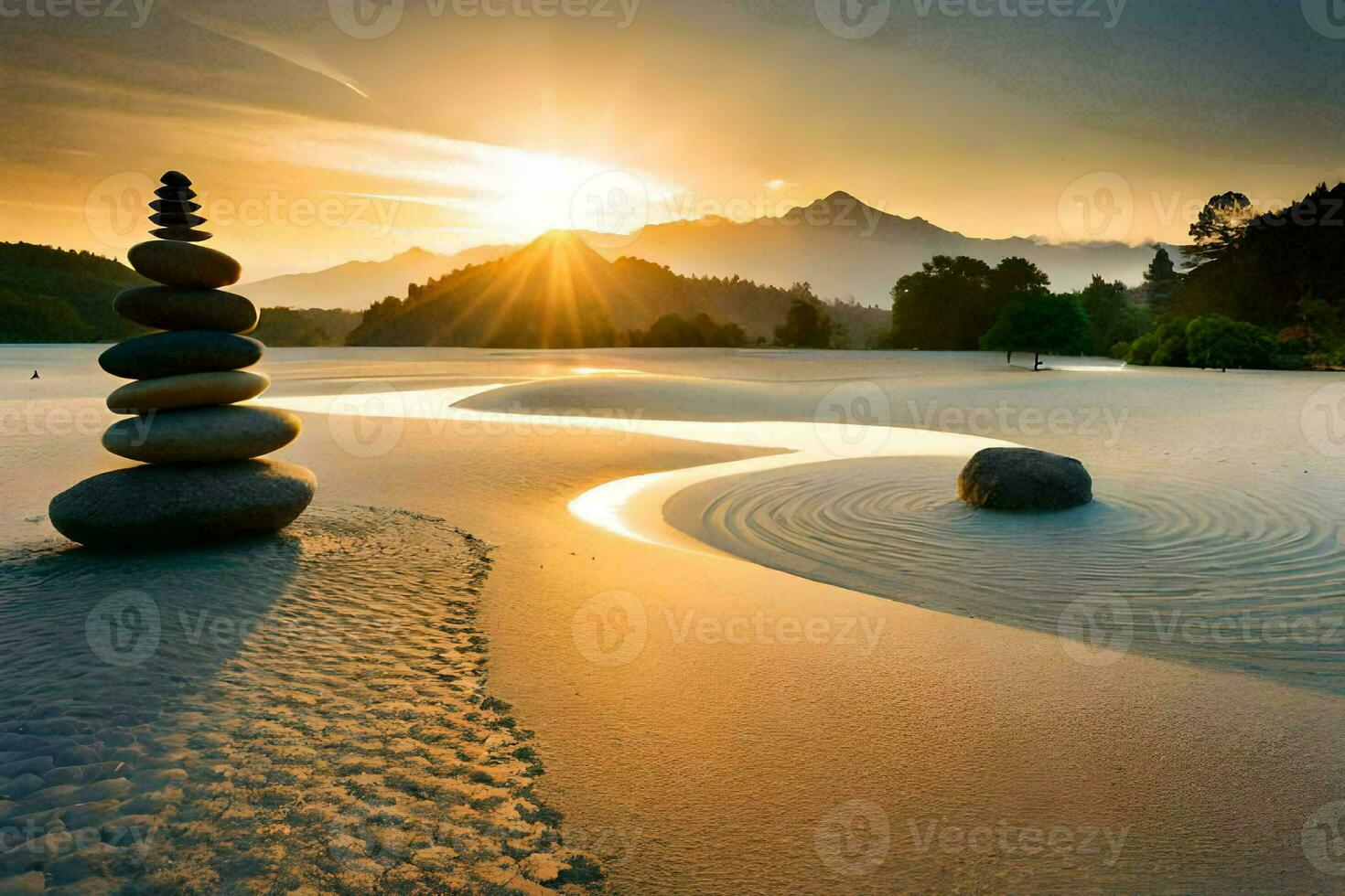 uma zen jardim às pôr do sol. gerado por IA foto