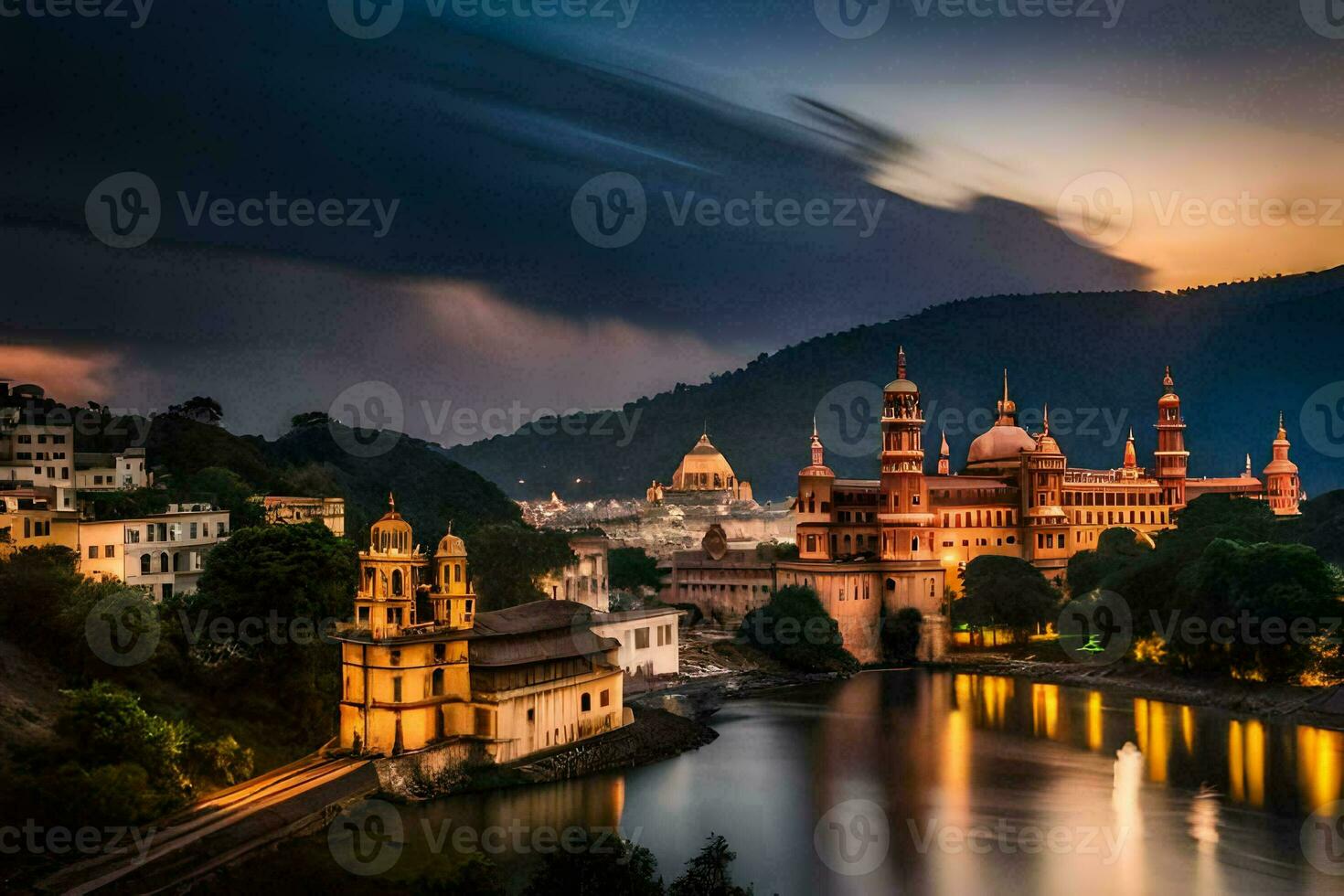 a cidade do Udaipur dentro Índia às crepúsculo. gerado por IA foto