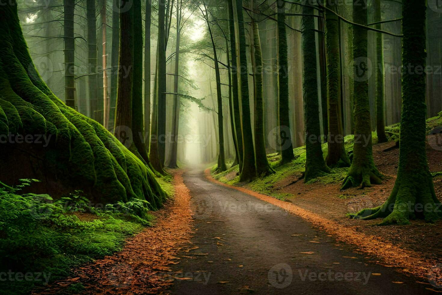 uma caminho através uma floresta com árvores e musgo. gerado por IA foto