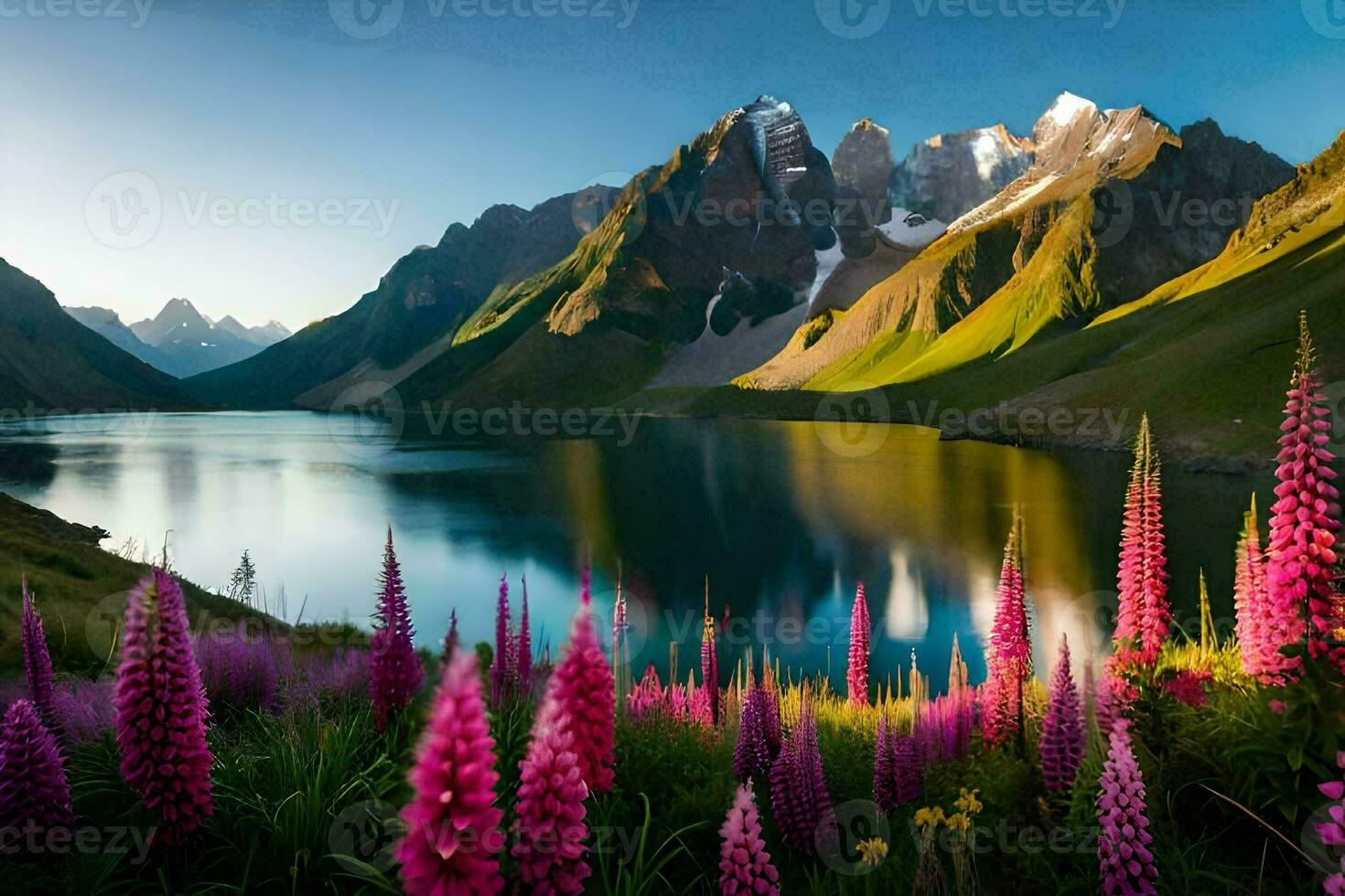 lindo panorama com flores e montanhas. gerado por IA foto